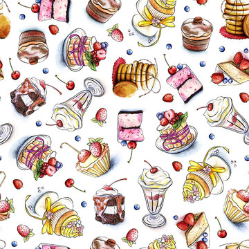 Watercolor cakes seamless pattern, design for fabric, ice-cream hand-drawn, cherry, honeysuckle, strawberry