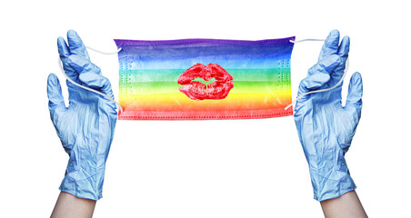Hands in gloves, medical face mask LGBT community rainbow flag color, red sexy lips, lipstick kiss print, LGBTQ pride pattern, gay, lesbian symbol, coronavirus protection, Valentines Day love holiday