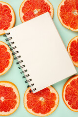 top view tasty fresh grapefruits lined on light-blue background juice health fruits fresh color