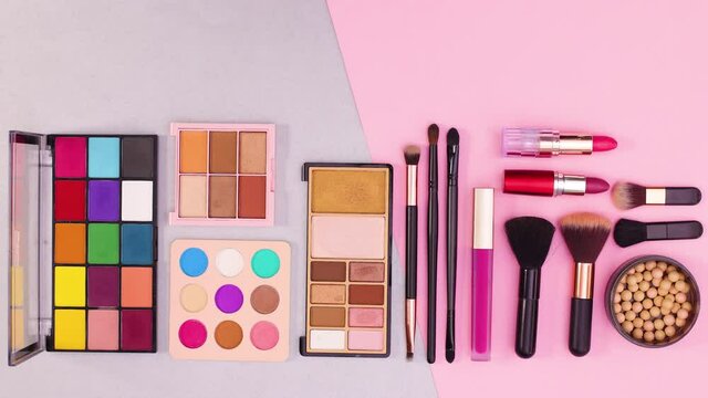 Make up beauty cosmetic products move from bottom to top. Stop motion