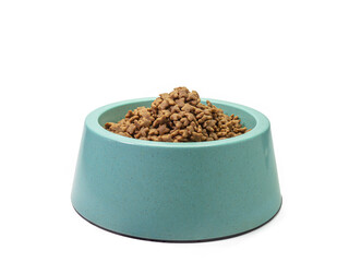 The close up of dry dog treat food in blue green plastic dog bowl, pet equipment isolated on white background.
