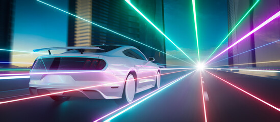 Fototapeta premium 3D rendering EV Smart car driving on the city road.