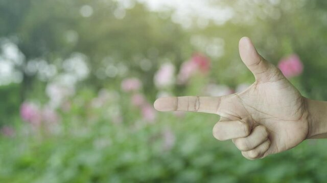 Telephone and mail flat icon button on finger over blur pink flower and tree in park, Business contact us concept