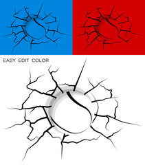 ball for tennis hit wall powerfully and damaged, cracks on wall. Sports design element. Active lifestyle. Vector on white or color background with cracks