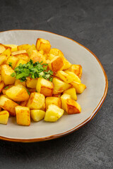front view delicious fried potatoes inside plate on dark background oil food photo color dinner