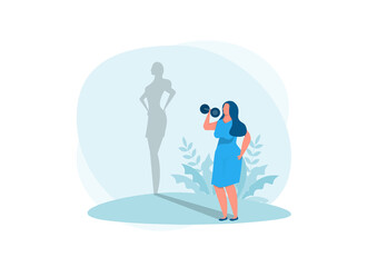 fat lady exercise with shadow fit reflection. Vector isolated illustration