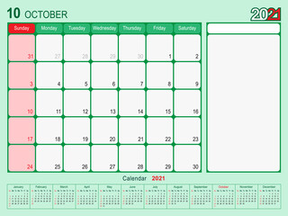 October 2021 Calendar Monthly Planner Design