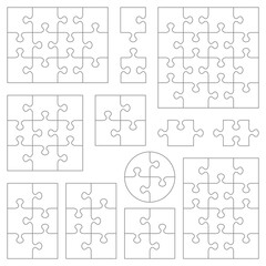 Jigsaw puzzle templates and pieces collection of various shapes and dimensions. Classic style, accurate, transparent (for vectors). 
