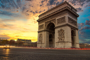 View of famous Arc de Triomphe in Charles de Gaulle square in Paris, France
