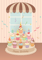 Illustration of Birthday cupcakes with candles of number 0 to 9 