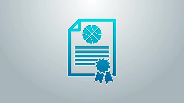 Blue line Certificate template basketball award icon isolated on grey background. Achievement, award, degree, grant, diploma concepts. 4K Video motion graphic animation