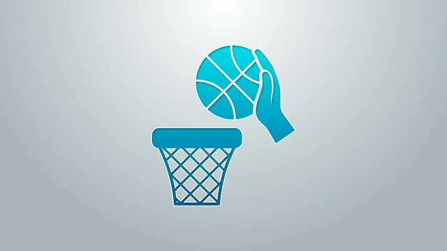 Blue line Hand with basketball ball and basket icon isolated on grey background. Ball in basketball hoop. 4K Video motion graphic animation