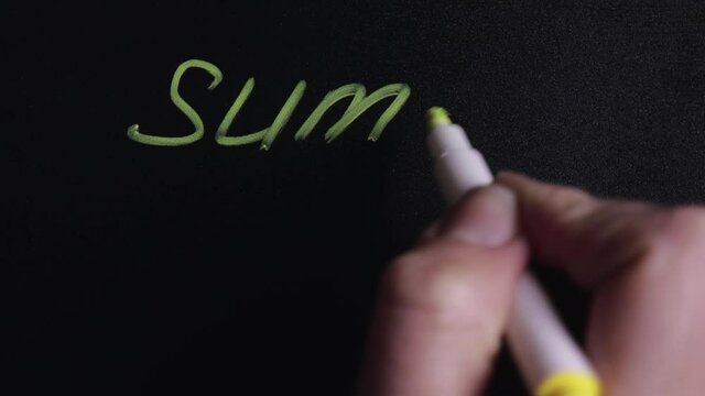 Woman's hand writes the word summer and draws the sun symbol on a blackboard with a dark background. Then she wipes the image with a white wet cloth. Concept of changing the time of year