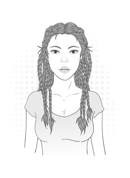 Vector illustration of a beautiful young woman with braids on a white background. Color image.
