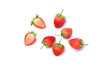 Flat lay (top view) of Strawberries with slice on white background.