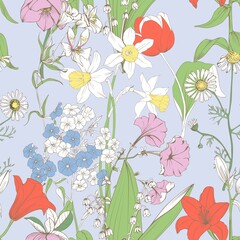 The background with spring flowers is seamless. Delicate floral wind pattern for fabric.