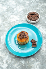 front view delicious muffins with honey and chocolate on light desk drink photo color ceremony breakfast tea