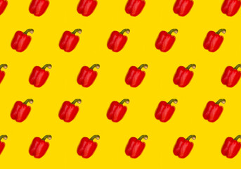 Collage with red sweet pepper on yellow background