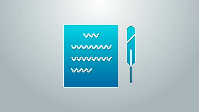 Blue line Feather pen and paper scroll icon isolated on grey background. 4K Video motion graphic animation