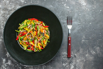top view delicious vegetable salad inside plate on grey background food color health photo meal free place