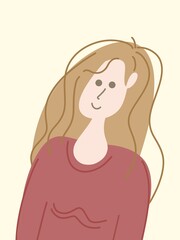 Illustration image of a beautiful girl with long wavy hair, abstract, hand painted, for background, wallpaper, wall decor, modern and minimalist, pastel colors, logos, icons, and symbols.