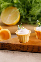 Canapes with light cream filling. Still life with microgreens. The concept of an appetizing snack.