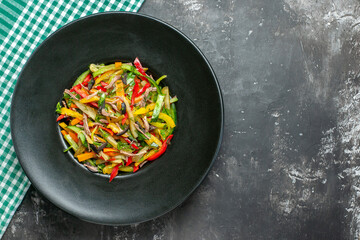 top view tasty vegetable salad inside plate on grey background photo meal food color health free place