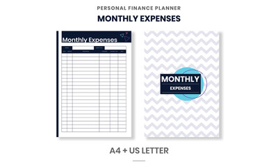 Minimalist Personal Finance planner Monthly Expenses pages template vector paper A4 and US Letter Ai, EPS 10 File
