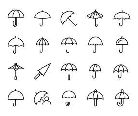 Set of umbrella related vector line icons. © dstarky