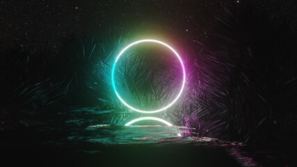 Abstract background with starfield, circle neon glow portal and crystals around