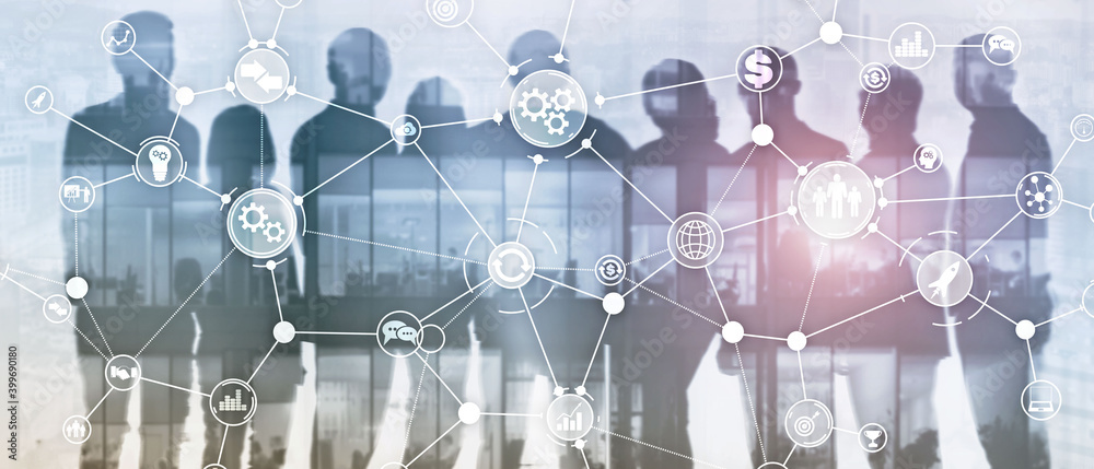 Wall mural business process structure industrial workflow diagram automation innovation concept on virtual scre
