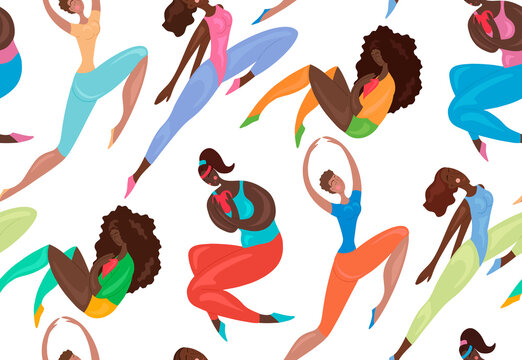 Seamless pattern of happy african sports girl jumping and exercises. Body positivity, confidence and self acceptance. The power of women and feminism. Delicate vector texture for wallpaper, fabric