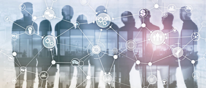 Business process structure industrial workflow diagram automation innovation concept on virtual screen mixed media.