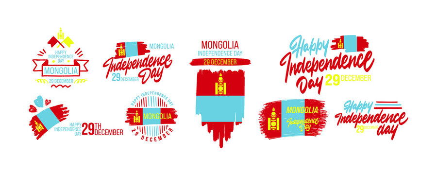 Set of Banner or poster of Mongolia independence day celebration. Waving flag. Vector illustration. - Powered by Adobe