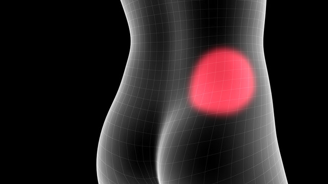 3d illustration of a woman xray hologram showing pain area on the back area