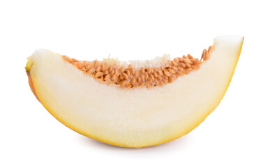 Slice of sweet ripe melon on white background