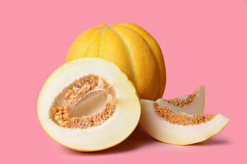 Sweet ripe melons on color background