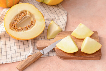 Composition with sweet cut melon on table