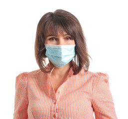 Beautiful mature woman wearing medical mask on white background. Concept of coronavirus epidemic