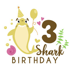 Baby Shark birthday party clipart - cartoon baby birthday composition, vector nursery cute nautical or undersea animal illustration on white background for card, invitation, t-shirt desing