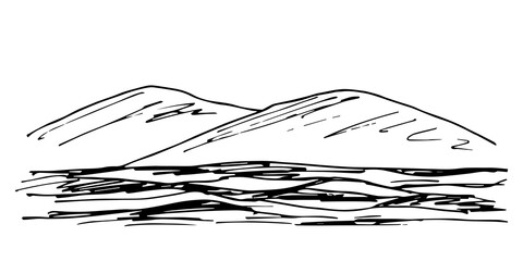 Simple hand-drawn vector drawing in black outline. Desert mountain landscape, wilderness, nature. Tourism and travel.