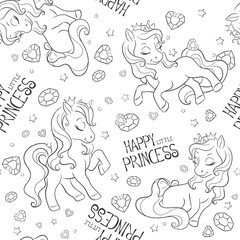 Art. Coloring pages. Black and white seamless unicorns pattern.  Fashion illustration print in modern style for clothes and fabrics.