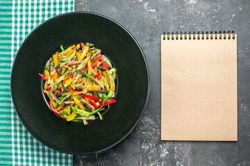 top view delicious vegetable salad inside plate on grey background meal food health photo color