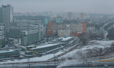 Winter snow fell in the city of Minsk.