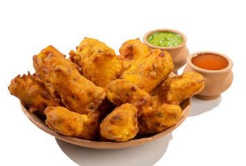 Indian Traditional Paneer Pakora or Pakoda Snacks on White Background