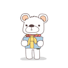 Cute polar bear character holding a blue gift box.