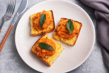 Sandwich with toast and zucchini caviar. Vegetable caviar on bread, a healthy vegetarian snack.