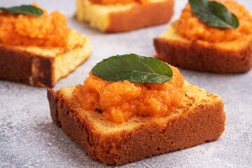 Sandwich with toast and zucchini caviar. Vegetable caviar on bread, a healthy vegetarian snack. Close up.