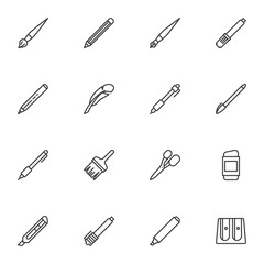 Stationery supplies line icons set, outline vector symbol collection, linear style pictogram pack. Signs logo illustration. Set includes icons - drawing and writing tools, pen, pencil, scissor, eraser