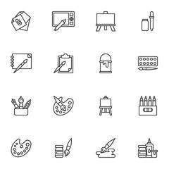 Drawing tools line icons set, outline vector symbol collection, linear style pictogram pack. Signs, logo illustration. Set includes icons as paper clip, drawing tablet, paintbrush, palette, easel
